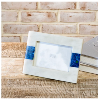4x6 blue-inlay marble picture frame with ivory-white finish for tabletop display