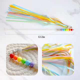 Moo Colorful Tassel Cat Teaser Wand with pastel ribbons and beaded handle, 12.2in