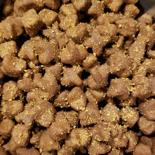 Dog food topper, all natural 3.5oz, brown kibble bits with golden dust.