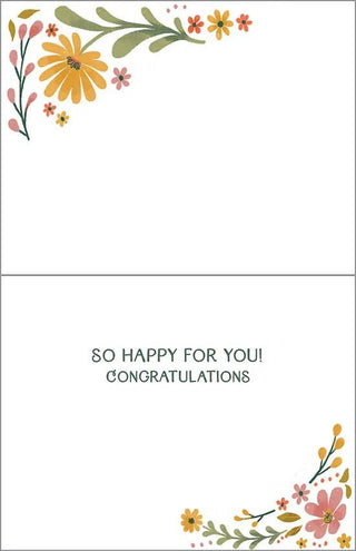 Wedding greeting card, You're Engaged; floral corners in orange-pink-green; inside So Happy For You! Congratulations.