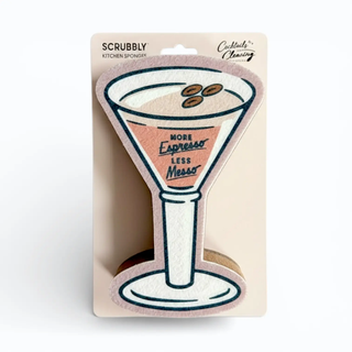 Martini Scrubbly espresso kitchen sponge in pink-bordered martini glass shape.