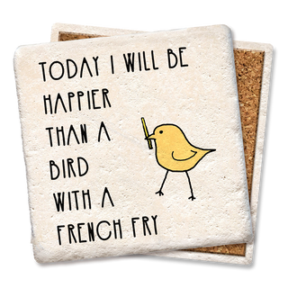 Coasters, cream-colored with black text and yellow bird, cork-backed set of 2.