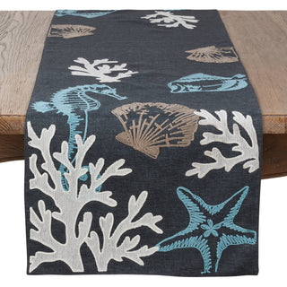 Sea Design Runner navy table runner with white coral and light blue shells sold per piece