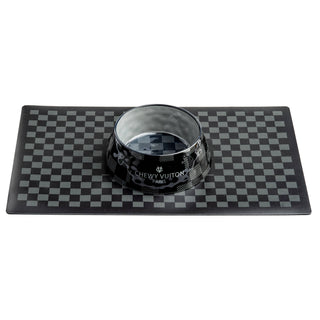 Black checker Chewy Vuiton dog bowl with Paris branding.