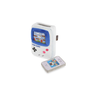 Game Bone plush toy set with 1 cartridge; white with blue-screen frame and retro handheld game motif