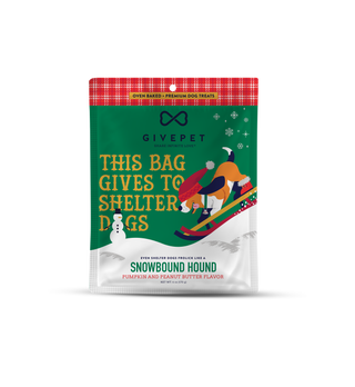 Snowbound Hound holiday dog treats bag in green with red plaid top, pumpkin and peanut butter flavor.