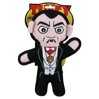 Dracula plush dog toy with outstretched arms, black tuxedo and red bow tie, squeaky and durable Halloween toy
