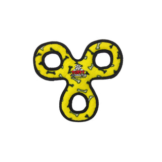 3-Way Tug dog toy in yellow with black trim; durable, squeaky, cross-shaped