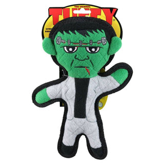 Frankenstein dog toy plush in green with gray suit and black trim, multiple squeakers