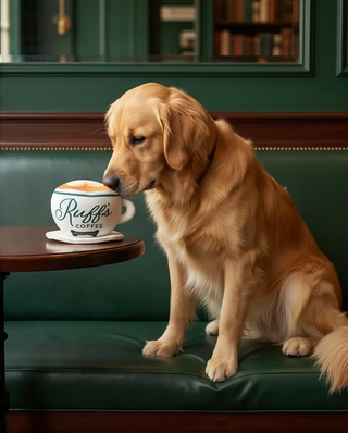 Ruff's Coffee Cup plush squeaker dog toy, white cup with teal logo, golden retriever sniffing it on a wooden table.
