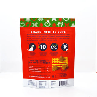 Dog treat bag: Pugly Sweater Party holiday treats in red packaging with green festive top