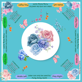 Rose Dragon American Mahjong tile set, 166 tiles; turquoise packaging with pink and blue rose bouquet on white center.