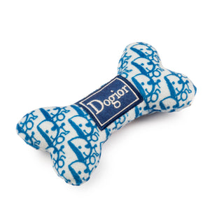 Dogior Bones dog toy, bone-shaped plush in blue and white with logo patch