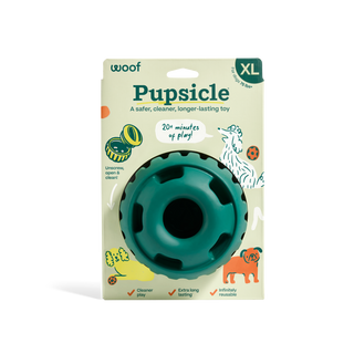 Pupsicle Dapper disc-shaped teal dog toy, XL size, shown in packaging.