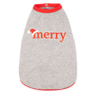 Merry Tee dog shirt in grey heather with red trim and Santa hat embellishment