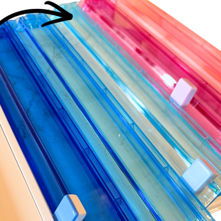 Mahjong rack and pusher set, 4 translucent color racks in blue, purple, red, green.