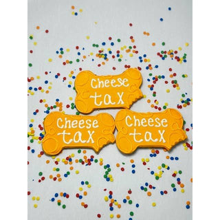 Snack Tariff Cookie: 3 bone-shaped cookies with orange icing and white Cheese Tax text on a confetti background.