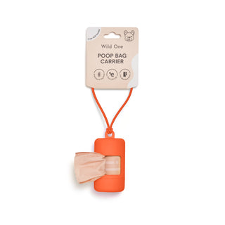 Poop bag carrier dispenser in orange plastic with strap for pets.