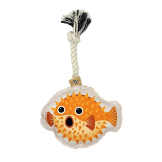 Rope dog toy shaped as a puffer fish, white twisted rope with orange spiky fabric belly