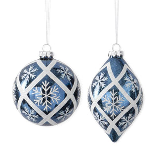 Blue & White Glittered Snowflake Glass Ornament K&K
