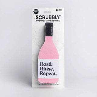 Scrubbly kitchen sponge, pink wine-bottle shape with Rosé Rinse Repeat label