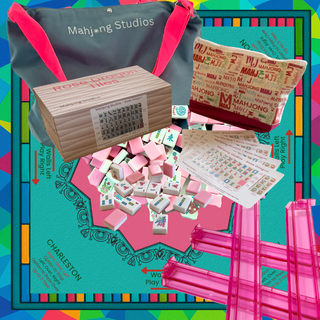 Rose Dragon American Mahjong Tile Set with 166 tiles, pink tiles, wooden box, and carrying bag