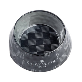 Dog bowl with black checker pattern, gray interior, and side logo text