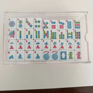 Rose Dragon American Mahjong tile set, 166 tiles, white tiles with red, blue and green symbols in a clear case