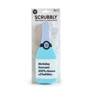 Scrubbly kitchen sponge bottle shape, blue foam with white label; circular logo visible on packaging.