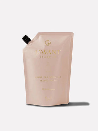 Hand soap refill pouch in Blushed Bergamot with soft pink packaging and gold foil lettering.