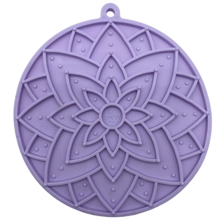 Lotus eMat Enrichment lick mat with suction cups, lavender silicone, round lotus-pattern design