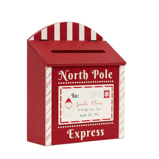 Mailbox-style red wooden Christmas decor with candy-cane striped edges and North Pole Express sign, 9x12 in