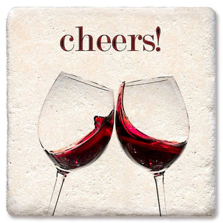 Ceramic red wine coaster with two clinking glasses and the word cheers