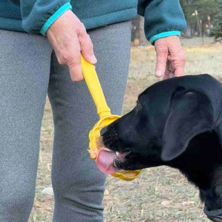 Lick Stick hand-held interactive enrichment toy for dogs, yellow rubber
