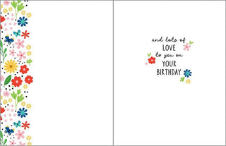 Birthday Greeting Card - Little Birthday Flowers, white card with a colorful floral left border and birthday message.