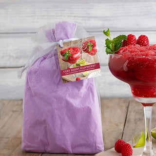Very Berry Raspberry Wine Slushy Mix 5-pack in a purple bag with raspberry cocktail label