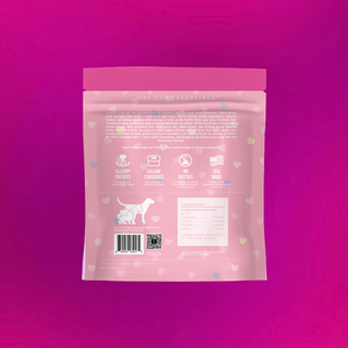 The Only Sweetheart Salmon Dogs Need dog treats in pink, heart-patterned packaging