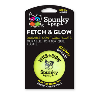 Fetch & Glow Ball dog toy by Spunky Pup in neon lime green that glows