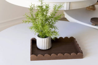 Wood scalloped tray, espresso finish, 13x9x2 in, with a small potted plant