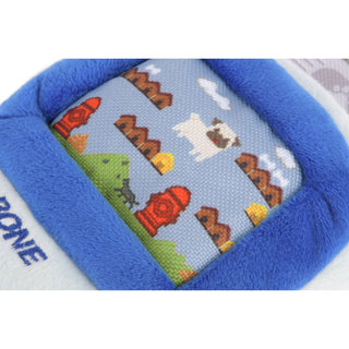90s Classic Game Bone plush dog toy with blue velvet border and pixel-art interior fabric.