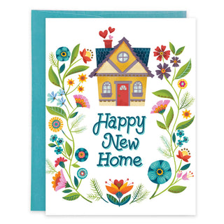 New Home greeting card with envelope featuring a yellow house amid a colorful floral frame and the Happy New Home message
