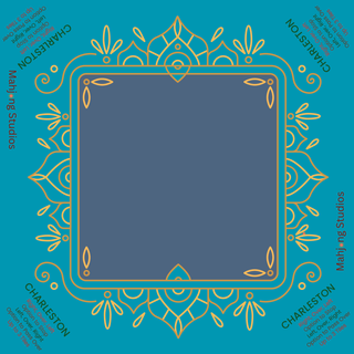 Midnight Luxe Mahjong Mat with a midnight blue center and gold ornate border, ships rolled, 33 x 33