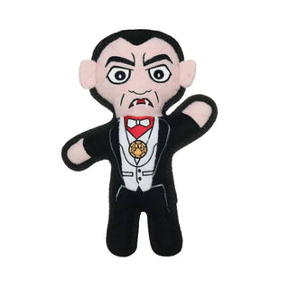 Dracula plush dog toy, pink-faced vampire in black tuxedo, durable and squeaky