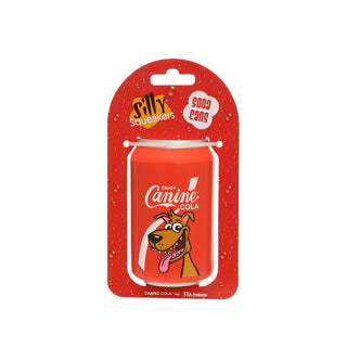 Canine Cola soda-can dog toy, red with cartoon dog and squeaker