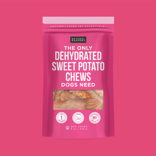 The Only Dehydrated Sweet Potato Chews for dogs in a pink package with a visible logo