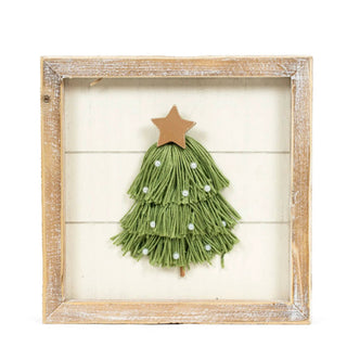 Wood frame sign 7x7 with a green tassel Christmas tree, star topper, and pearl beads inside a distressed whitewashed frame.