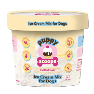 Puppy Scoops Ice Cream Mix for Dogs, vanilla flavor, in a pale yellow tub.