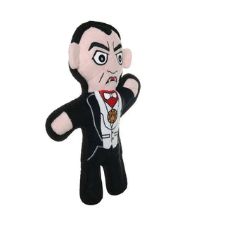 Dracula plush dog toy in a black tuxedo, Halloween-themed, durable and squeaky