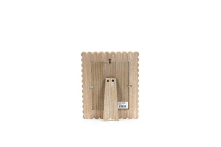 Wood scalloped photo frame for 5x7 pictures, natural wood finish, back view with stand