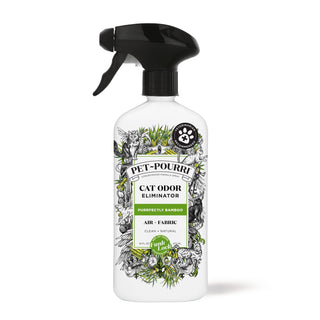 Cat Odor Eliminator spray bottle, Purrfectly Bamboo Air+Fabric scent, white bottle with black nozzle and green label.